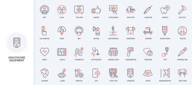 Tıbbi cihazlar ve ilk yardım çantası, ev ve hastane sağlık hizmetleri teşhis ekipmanı ikonu seti. MRI ve ultrason taraması, radyoloji, ameliyat ince siyah ve kırmızı çizgili semboller vektör çizimi