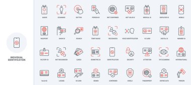 Kimlik ve üye kartı, bilgi ve fotoğraf içeren pasaport, biyometrik tanımlama çizgisi simgesi seti. Kişiyi tanımlamak için göz ve parmak izi, ince siyah ve kırmızı çizgili çizgili sembolleri tarıyor.