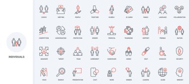 Halk topluluğu, bireysel ve grup, aile ve arkadaş desteği, takım çizgisi ikonu lideri. Anlaşmanın el sıkışması, sakatlık, seyirci ince siyah ve kırmızı ana hatlar vektör illüstrasyonları