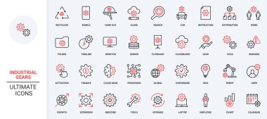 Endüstrideki iş ve üretim süreçleri, çark grafiği, metrik çizgi simgesi seti. Ok büyümesi ve döngüsü, dişlisi ince siyah ve kırmızı çizgili ampul vektör çizimi