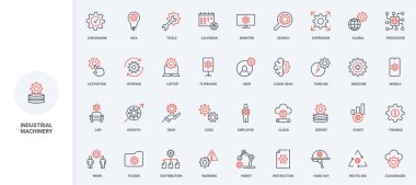 Endüstriyel makineler, motorlar ve mekanizmalarda dişli ve dişli ikonu seti. Sistem geliştirme sembolleri, yazılım yeniliği, işlemciler, uyarı işaretleri vektör illüstrasyonu.