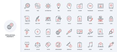 Yaratıcılık çizgisi simgesi için telif hakkı, fikri mülkiyet, marka ve patent. Belge metni, makale, grafik içeriği için lisans ince siyah ve kırmızı ana hat çizim sembolleri çizimi