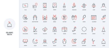 İslam, kültür ve İslam sembolleri, başörtüsü ve kadın ve erkek çizgi ikonu seti. Bayrağın üzerinde cami ve hilal minareleri, ince siyah ve kırmızı çizgili fener vektör çizimleri