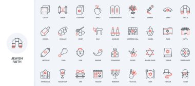 Yahudilik, inanç sembolleri, Yahudi kültürü ve dini, bayram çizgisi ikonu seti. Sinagog ve Tevrat gemisi, menorah ve shofar, challah, chuppah ince siyah ve kırmızı çizgili vektör çizimi