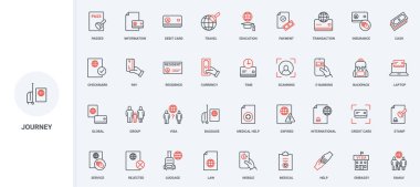 Seyahat ve göç belgeleri, çalışma izni, aile ve öğrenci vizesi, yasal pul çizgisi simgesi seti. Seyahat ve bagaj, vatandaşlık ince siyah ve kırmızı ana hatlar vektör illüstrasyonları