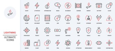 Enerji ve enerji endüstrisinin şimşek işaretleri, önemli bilgi hattı simgesi seti. Elektrik, stres ve dikkat fikir veya tehlike ince siyah ve kırmızı ana hatlı semboller vektör ilülasyonu