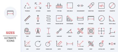 Boyut, ağırlık ve yükseklik, cetvel ve şeritli mesafe ölçümü, boyut okları ve pusula çizgi simgesi seti. Üçgen hipotenüs, ince siyah ve kırmızı dış hat sembolleri vektör illüstrasyonu