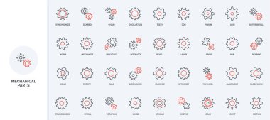 Dişliler ve dişliler, mekanizmanın mekanik kısmı, makine motoru, takım çalışması ve iş çözümü simgesi seti. Fabrika ekipmanlarının çarkları ince siyah ve kırmızı ana hatlar vektör çizimleri