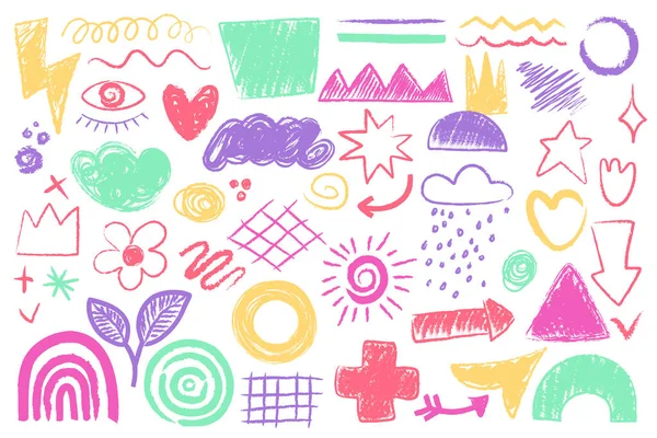 Soyut karalama renkli tebeşir şekilleri, çocuksu el yazmaları seti. Pastel boya kalemi, çocukların resim koleksiyonu. Saf tablolar, kalp ve karalamalar, gökkuşağı ve ok vektör çizimleri.