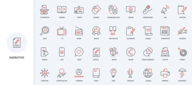 Hikaye anlatma, anlatım içeriği ve araç, yazar ve yazar satırı simgesi seti fikri. Telif hakkı koruması, geribildirim ve ince siyah ve kırmızı çizgili sembollerin sıralaması