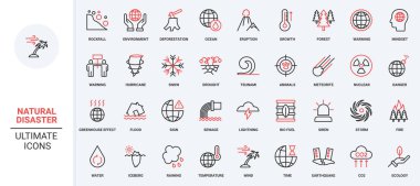 Doğal afet ve felaket tehlikesi, doğa, sera etkisi hasar çizgisi ikonu. Deprem ve sel, tsunami ve aşırı rüzgar fırtınası ince siyah ve kırmızı çizgili semboller vektör çizimi