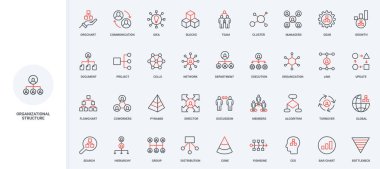 Toplumun, şirketin ve liderliğin organizasyonel yapısı, grup organizasyon çizgisi simgesi seti. Bölüm ve takım hiyerarşisi, proje şeması ince siyah ve kırmızı ana hatlar vektör illüstrasyonları