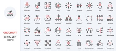 Organizasyon şeması ve insan kaynakları yapısı, iş dünyasının simge seti hiyerarşi örgütü. İşgücü diyagramı, akış şeması ince siyah ve kırmızı dış hat sembolleri vektör illüstrasyonu