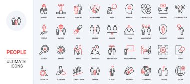 İnsanlar, insanlar ve topluluk, aile ve arkadaşlar, seyirciler, insan kalabalığı çizgisi ikonu seti. Eller oylamayı kaldırır ve işbirliği ve takım çalışması ile bağlanır ince siyah ve kırmızı ana hatlar vektör illüstrasyonları