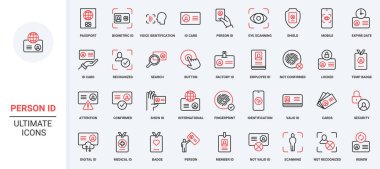 Kimlik doğrulama, doğrulama, tanımlama çizgisi simgesi için biyometrik tarama. Uluslararası pasaport ve kredi kartı, rozet ince siyah ve kırmızı ana hatlar vektör illüstrasyonları