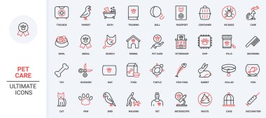 Hayvan bakımı, yemek ve oyuncaklar, pasaport ve haplar, tımar ve veteriner kliniği ikonu seti. Tıbbi araç gereç, köpek ve kedi için aletler, eğitim kupası ince siyah ve kırmızı ana hatlı semboller vektör çizimi