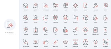 İlaç, tedavi ve sigorta için tıbbi bakım, haplar ve vitamin hattı ikonu seti. Doktor reçetesi, takvimdeki online randevu ince siyah ve kırmızı ana hatlar vektör illüstrasyonları