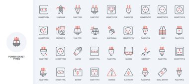 Elektrik teçhizatı, duvar ve kablo hattı ikonu için farklı prizler. Avustralya 'nın Amerikan ve Avrupalı elektrik soketi ince siyah ve kırmızı ana hatlar vektör çizimi