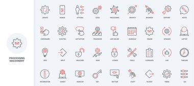 İşlem dişlileri, mekanizma ve makine dişlileri, tamir aracı çizgisi simgesi seti. İşlem desteği, oklu ve ayarlı vitesler ince siyah ve kırmızı ana hatlı vektör çizelgeleri kaydırıyor