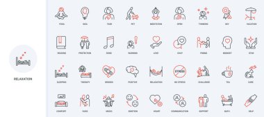 Stres atma, rahatlama, duygu ve ruh hali yönetimi ve iyimser olumlu düşünce çizgisi ikonu seti. Arkadaşlık desteği için açık kalp, ince siyah ve kırmızı ana hatlar vektör illüstrasyonları okuma