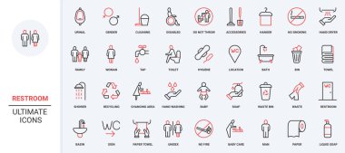 Tuvalet ve tuvalet bilgisi tabelaları, tuvalet hattı simgesi seti. Kadın ve erkek sembolleri, duş ve pisuar, kağıt rulo mendil ve çöp kutusu, kadın ve çocuk ince kırmızı çizgili vektör çizimi
