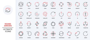 İşlemin yuvarlak döngü okları yeniden yükleyin ve tekrarlayın, döngü ve ilerleme, çizgi simgesi döndür. Dairesel dönüş, çizelge ve düğme daireleri, eğri ok ince siyah ve kırmızı çizgi çizim vektör çizimi