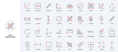 Boyut, boyut okları ve uzunluk ve yüksekliği ölçecek aletler, işaretler çizgi simgesi seti. Ölçüm şeridi, pusula ve cetvel ince siyah ve kırmızı çizgili çizim sembolleri vektör çizimi