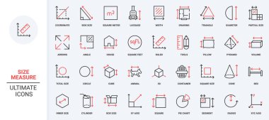 Geometrik şekillerin ölçüsü, kutu ve hayvan taşıyıcısı, yastık ve yatak çizgisi simgesi seti. Piramit ve koni, silindir ve daire, alan ve hacim ince siyah ve kırmızı dış hat sembolleri vektör gösterimi