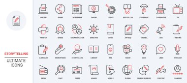 Hikaye anlatma, hikaye ve yazarın araçları, telif hakkı simgesi tarafından içerik koruması. Sosyal medyada yazma, yayınlama ve paylaşma içeriği ince siyah ve kırmızı ana hatlar vektör çizimi