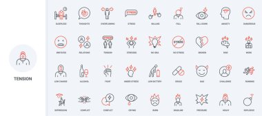 Stres ve gerilim, akıl sağlığı ve ilişkiler problemi, endişe çizgisi ikonu seti. Panik ve korku içinde endişeli bir adam, kırık bir kalp ince siyah ve kırmızı çizgili semboller vektör çizimi