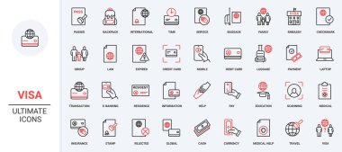 Uluslararası seyahat, göç için vize ve pasaport, belge onay hattı simgesi seti. Turist ve aile vize bilgileri, çalışma izni ince siyah ve kırmızı ana hatlar vektör illüstrasyonları