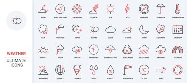 Hava tahmini, kış ve yaz mevsimleri takvimi, sıcaklık çizgisi simgesi seti. Yağmur ve bulutlar, güneş ve şimşek, kasırga ince siyah ve kırmızı çizgili semboller vektör illüstrasyonları