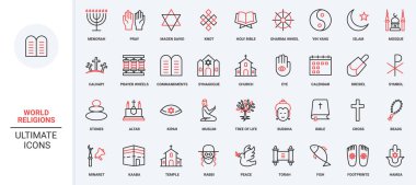 Budist ve İslami, Hristiyan ve Yahudi dinleri ve dini semboller sembol seti. Tanrıya dua, kutsal kitap, sinagog ve kilise okumak, ince siyah ve kırmızı çizgili cami vektör çizimi