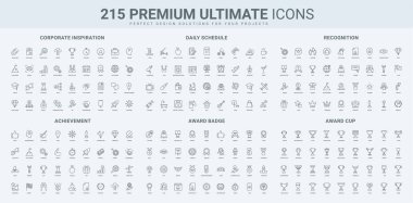 Yaşam tarzı ve günlük rutin planlama, başarı tanıma, şirket çalışanları çizgisi ikonunun ilham kaynağı. Kendine güvenen liderler madalya ve kupa, ince siyah çizgili semboller vektör illüstrasyonunu ödüllendiriyor.