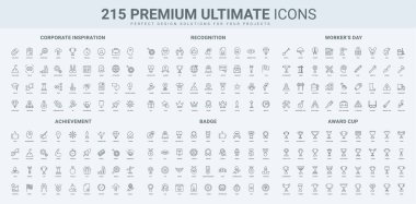 Şirket görevi ve ilham kaynağı, kazananın hedefi, işçi gündüz ekipmanı, ödül töreni ikonu seti. Kariyer başarısı, gurur, liderlik ince siyah ana hatlı semboller vektör illüstrasyonunu kazan ve bitir