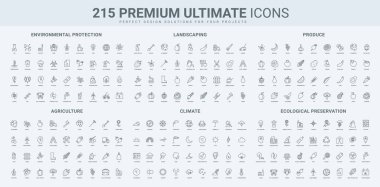 Çevre koruma ve koruma, hava ve meteoroloji çizgi ikonu seti. Yenilenebilir enerji, elektrik taşımacılığı, organik tarım ve tarım üretimi ince siyah ana hatlı vektör çizimi