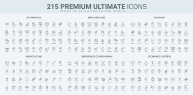 Girişimdeki iş artışı ve yeni girişim, iletişim ve süreç, tarım araçları, ekonomi çizgisi simgesi seti. Takım çalışması, yeni proje, zaman paradır ince siyah anahat sembolleri vektör illüstrasyonudur