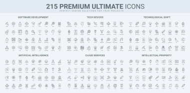 Dijital projenin geliştirilmesi, yazılım kodu, yapay zeka yeniliği, teknoloji cihazı ve sensör çizgisi simgesi seti. Yapay zeka desteği, ince siyah anahat sembolleri öğrenen makine vektör illüstrasyonu