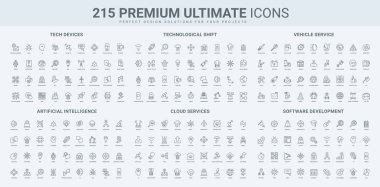 Teknik cihazlar destek ve tanı, araba servisi, yapay zeka çizgisi ikonu ile yenilik. Otomotiv parçaları ve motor, dijital proje ince siyah ana hatlı semboller vektör çizimi