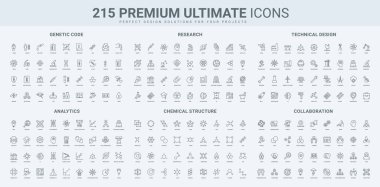 Moleküler yapı ve hücre, genetik, mühendislik ve teknik tasarım, takım çalışması simgesi seti. Bilimsel analitik, grafik ve sistem, araştırmalar ince siyah ana hatlı semboller vektör illüstrasyonu