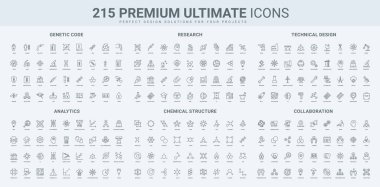 Genetik kod araştırması, bilim, veri analizi ve nöral ağlar, moleküler yapı çizgisi ikonu seti. Yapay zeka, teknik tasarım ve mühendislik, işbirliği ince siyah ana hatlı vektör illüstrasyonu