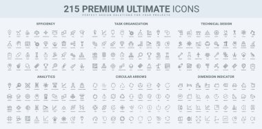 İş çözümünün verimliliği ve büyüme motivasyonu, veri analiz sonuçları, ok ölçüm çizgisi boyut simgesi seti. Mühendislik işlemi, görev organizasyonu ince siyah ana hatlı vektör çizimi