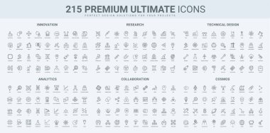 Analitik ve istatistik, uzay araştırması, dijital çözüm ve model, mühendislik çizgisi simgesi seti. Yenilik için yapay zeka hizmetleri, veri blokları, mikroçipler ince siyah ana hatlı semboller vektör çizimi