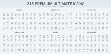 Tatil için hobi ve spor, hayvan bakımı ve veteriner kiti, bireysel ve grup çizgisi simgesi seti. Rahatlayın ve stres desteği, resim ve okuma, ince siyah ana hatlı semboller söyleme vektör illüstrasyonu
