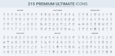 Golf oyunu, bisiklet, eğlence aktivitesi ve eğlence, spor egzersiz çizgisi ikonu seti. Sporcu ve golfçü, şampiyon ve turnuva, çocuklar için oyuncaklar ince siyah ana hatlı semboller vektör ilüstrasyonu