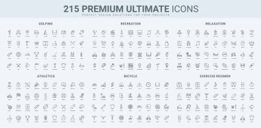 Golf ve atletizm, spor, spor, boş zaman ve hobi, stres azaltma çizgisi ikonu seti. Eğlence, rahatlama, bisiklet ekipmanları ve spor giyimi ince siyah ana hatlı semboller vektör illüstrasyonu