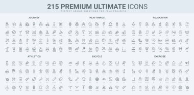 Stres giderici, bisiklet ve aksesuarlar, sağlık ve sağlık kontrol uygulaması, spor hattı ikonu seti. Seyahat, otel ve restoran, yolculuk biletleri ince siyah ana hatlar vektör illüstrasyonları