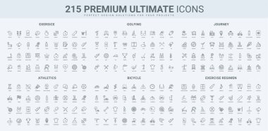 Golf kulübü, spor aktiviteleri ve ekipmanlar, seyahat acentası, restoran ve tatil hattı ikonu seti. Oyun, spor salonu ve bisiklet egzersizleri ince siyah anahat sembolleri vektör illüstrasyonları