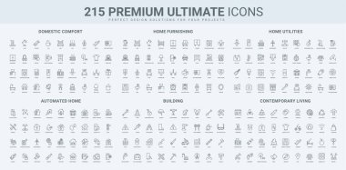 Ev konforu hizmetleri ve kamu hizmetleri, mobilya ve elektrikli aletler, dekorasyon hattı simgesi seti. Çağdaş yaşam, ev otomatik denetim ince siyah ana hatlı semboller vektör illüstrasyonu