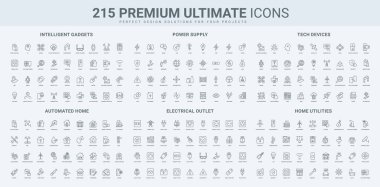Akıllı ev desteği, elektrikli aletler, güç ikonu seti. Soket ve dolgu türleri, elektrikli cihazlar, ince siyah anahat sembolleri öğrenen makine vektör illüstrasyonu